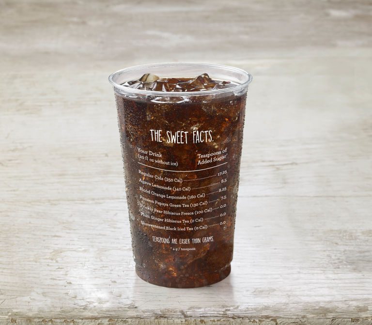 음료별 설탕 섭취량이 표시된 테이크아웃 컵