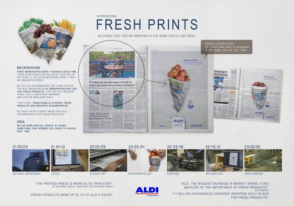 매일 발간되는 신문의 신선함을 과일과 연결한 슈퍼마켓 광고
